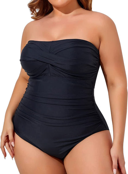 Tummy Control Swimwear Strapless One Piece Swimsuit Ruched Bathing Suits for Women Slimming Bandeau Tube Top Bikini Black-1 / XX-Large Plus