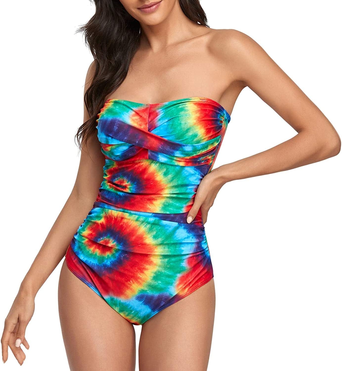 Tummy Control Swimwear Strapless One Piece Swimsuit Ruched Bathing Suits for Women Slimming Bandeau Tube Top Bikini Snail Dye / Small