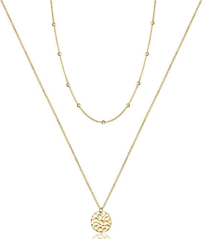 Turandoss Dainty Layered Choker Necklace, Handmade 14K Gold Plated Y Pendant Necklace Multilayer Bar Disc Necklace Adjustable Layering Choker Necklaces for Women 2PCS - Chain&Hammered Disc