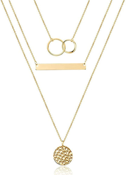 Turandoss Dainty Layered Choker Necklace, Handmade 14K Gold Plated Y Pendant Necklace Multilayer Bar Disc Necklace Adjustable Layering Choker Necklaces for Women "3PCS - Two Circles&Bar&Hammered Disc