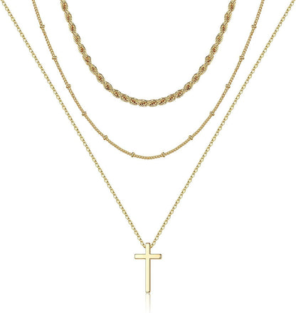 Turandoss Dainty Layered Choker Necklace, Handmade 14K Gold Plated Y Pendant Necklace Multilayer Bar Disc Necklace Adjustable Layering Choker Necklaces for Women 3PCS - Twist chain&Beads Chain&Cross