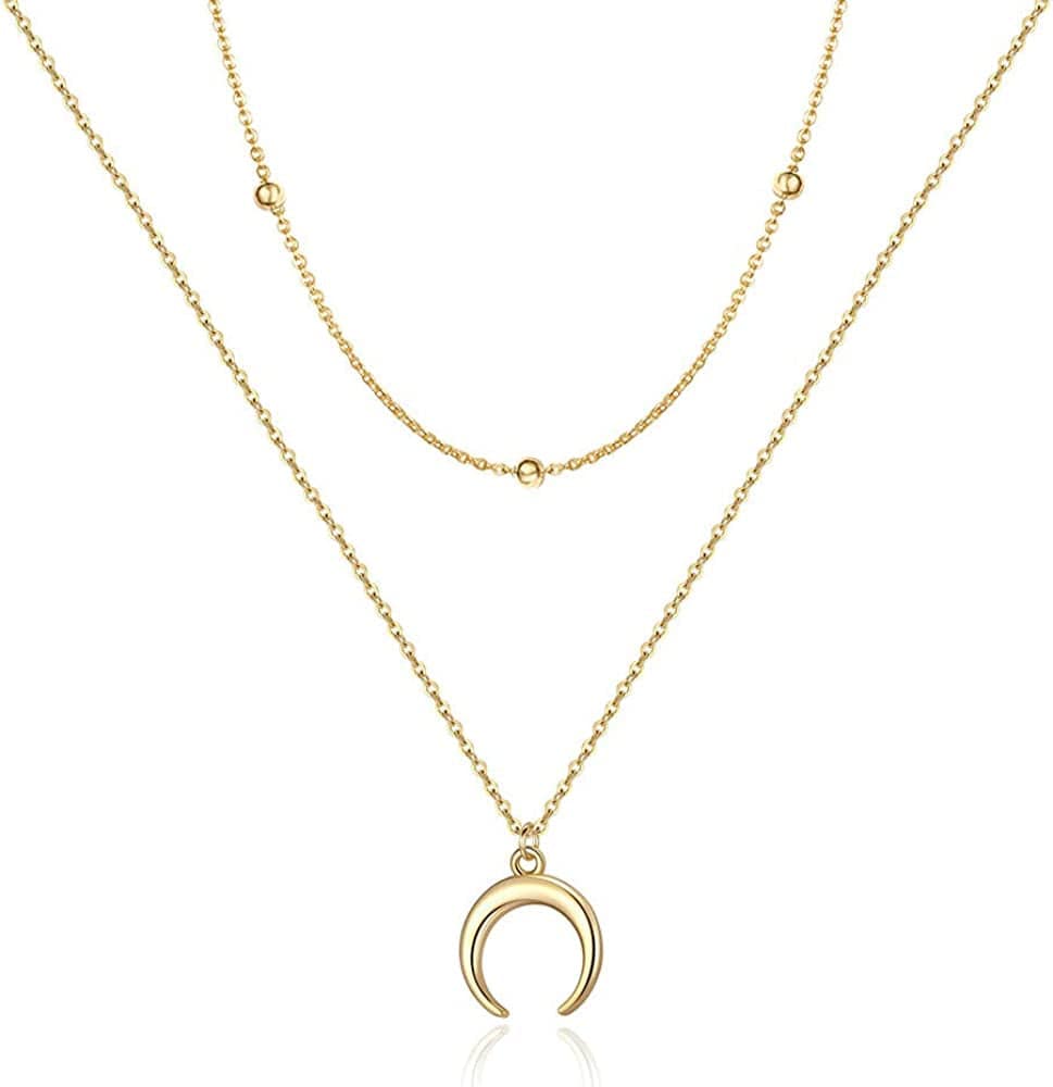 Turandoss Dainty Layered Choker Necklace, Handmade 14K Gold Plated Y Pendant Necklace Multilayer Bar Disc Necklace Adjustable Layering Choker Necklaces for Women 2PCS - Chain&Crescent
