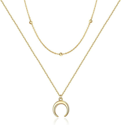 Turandoss Dainty Layered Choker Necklace, Handmade 14K Gold Plated Y Pendant Necklace Multilayer Bar Disc Necklace Adjustable Layering Choker Necklaces for Women 2PCS - Chain&Crescent