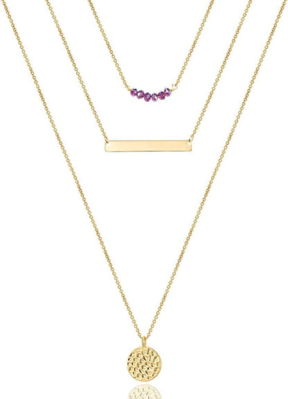 Turandoss Dainty Layered Choker Necklace, Handmade 14K Gold Plated Y Pendant Necklace Multilayer Bar Disc Necklace Adjustable Layering Choker Necklaces for Women 3PCS - Amethyst&Bar&Hammered Disc
