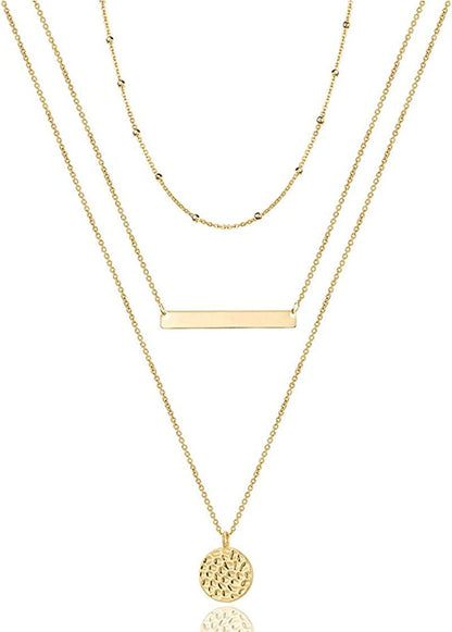 Turandoss Dainty Layered Choker Necklace, Handmade 14K Gold Plated Y Pendant Necklace Multilayer Bar Disc Necklace Adjustable Layering Choker Necklaces for Women 3PCS - Chain&Bar&Hammered Disc