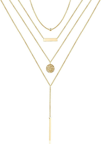 Turandoss Dainty Layered Choker Necklace, Handmade 14K Gold Plated Y Pendant Necklace Multilayer Bar Disc Necklace Adjustable Layering Choker Necklaces for Women "4PCS - Bead&Bar&Hammered Disc&Rod