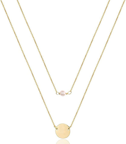 Turandoss Dainty Layered Choker Necklace, Handmade 14K Gold Plated Y Pendant Necklace Multilayer Bar Disc Necklace Adjustable Layering Choker Necklaces for Women 2PCS - Pearl&Disc