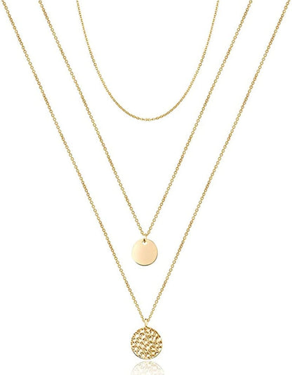 Turandoss Dainty Layered Choker Necklace, Handmade 14K Gold Plated Y Pendant Necklace Multilayer Bar Disc Necklace Adjustable Layering Choker Necklaces for Women 3PCS - Chain&Disc&Hammered Disc