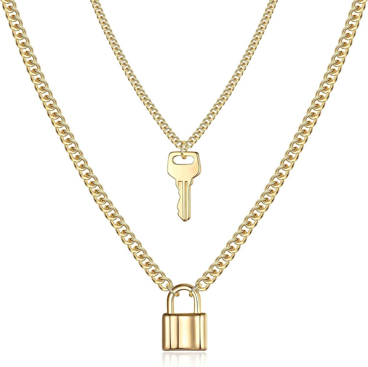 Turandoss Dainty Layered Choker Necklace, Handmade 14K Gold Plated Y Pendant Necklace Multilayer Bar Disc Necklace Adjustable Layering Choker Necklaces for Women 2PCS - Key&Lock