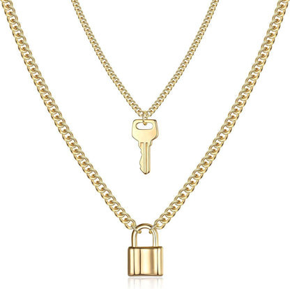 Turandoss Dainty Layered Choker Necklace, Handmade 14K Gold Plated Y Pendant Necklace Multilayer Bar Disc Necklace Adjustable Layering Choker Necklaces for Women 2PCS - Key&Lock