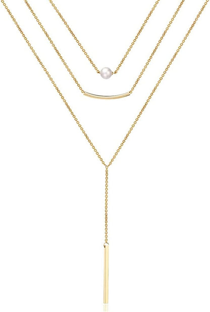 Turandoss Dainty Layered Choker Necklace, Handmade 14K Gold Plated Y Pendant Necklace Multilayer Bar Disc Necklace Adjustable Layering Choker Necklaces for Women 3PCS - Pearl&Curved Bar&Bar