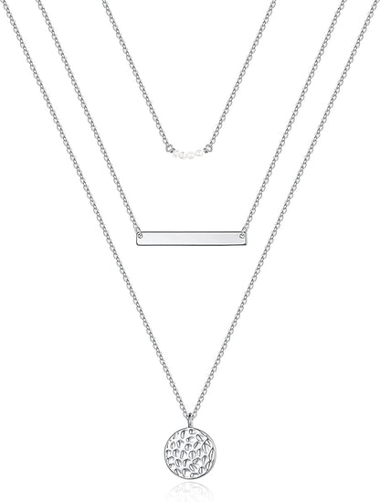 Turandoss Dainty Layered Choker Necklace, Handmade 14K Gold Plated Y Pendant Necklace Multilayer Bar Disc Necklace Adjustable Layering Choker Necklaces for Women 3PCS Silver - Pearls&Bar&Hammered Disc