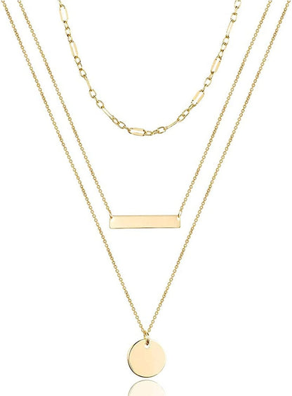 Turandoss Dainty Layered Choker Necklace, Handmade 14K Gold Plated Y Pendant Necklace Multilayer Bar Disc Necklace Adjustable Layering Choker Necklaces for Women 3PCS - Chain&Bar&Disc
