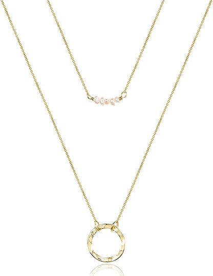 Turandoss Dainty Layered Choker Necklace, Handmade 14K Gold Plated Y Pendant Necklace Multilayer Bar Disc Necklace Adjustable Layering Choker Necklaces for Women 2PCS - Pearls&Circle