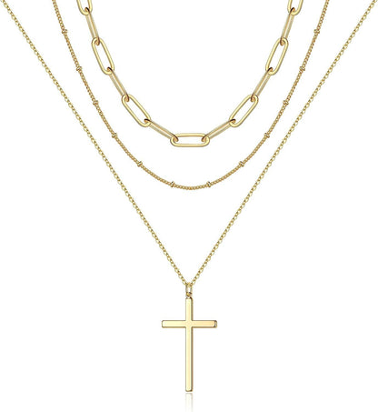 Turandoss Dainty Layered Choker Necklace, Handmade 14K Gold Plated Y Pendant Necklace Multilayer Bar Disc Necklace Adjustable Layering Choker Necklaces for Women 3PCS - Link Chain&Beads Chain&Cross