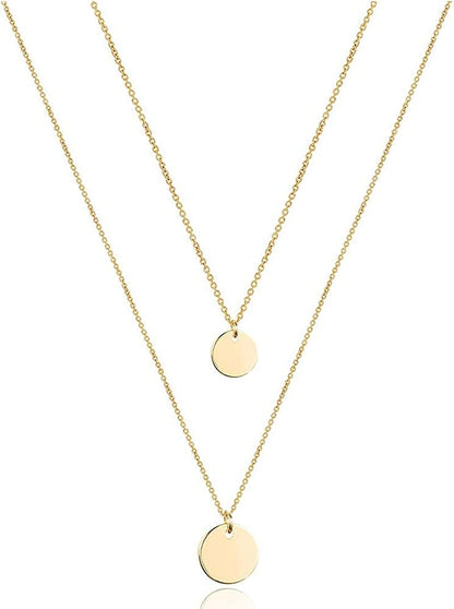 Turandoss Dainty Layered Choker Necklace, Handmade 14K Gold Plated Y Pendant Necklace Multilayer Bar Disc Necklace Adjustable Layering Choker Necklaces for Women 2PCS - Disc&Disc