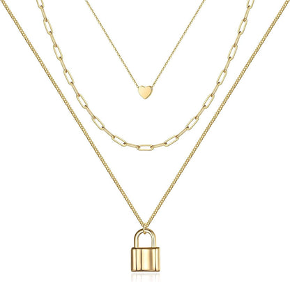 Turandoss Dainty Layered Choker Necklace, Handmade 14K Gold Plated Y Pendant Necklace Multilayer Bar Disc Necklace Adjustable Layering Choker Necklaces for Women 3PCS - Heart&Link Chain&Lock