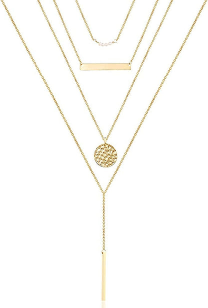 Turandoss Dainty Layered Choker Necklace, Handmade 14K Gold Plated Y Pendant Necklace Multilayer Bar Disc Necklace Adjustable Layering Choker Necklaces for Women "4PCS - Pearls&Bar& Hammered Disc&Long Bar