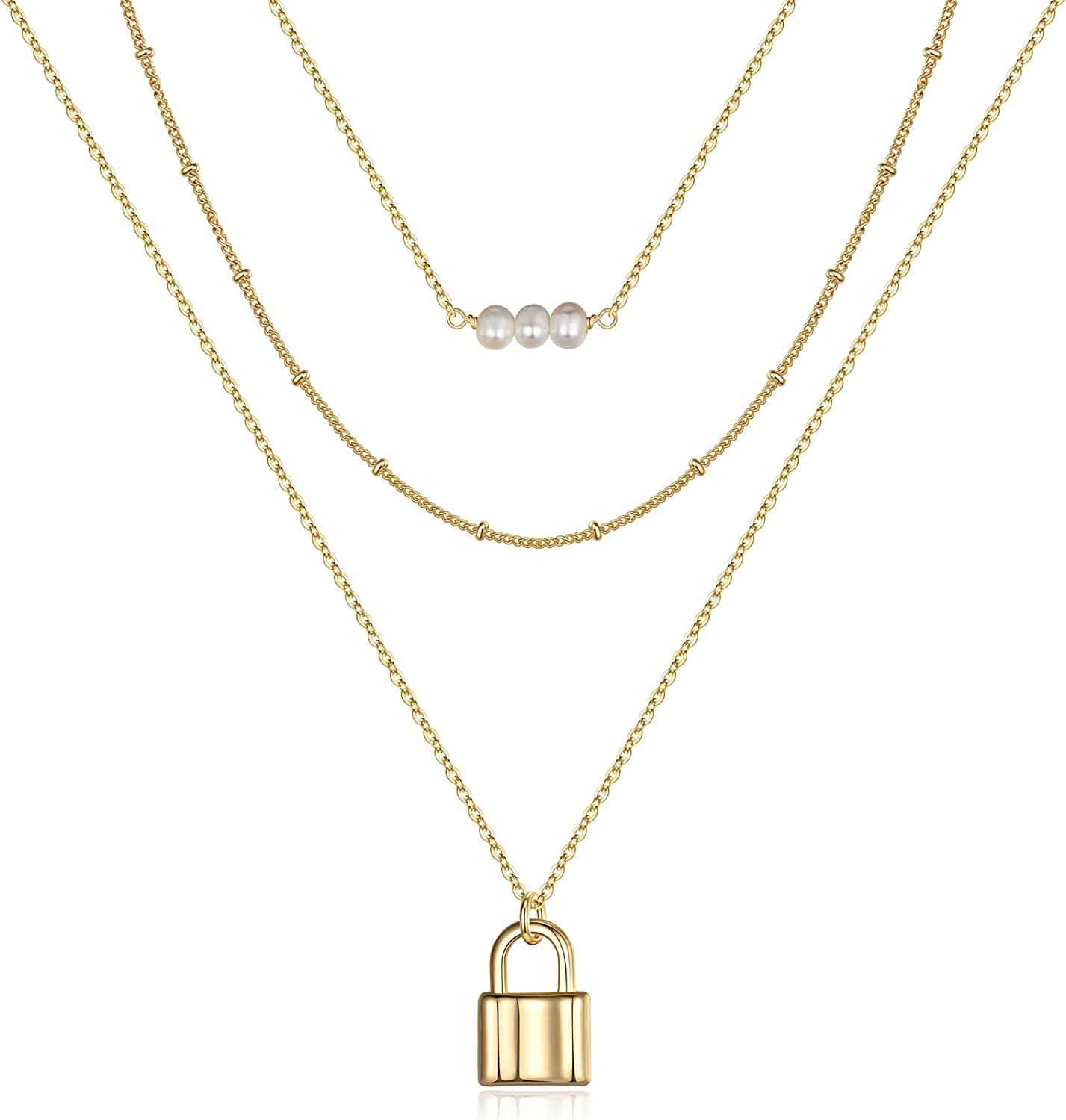 Turandoss Dainty Layered Choker Necklace, Handmade 14K Gold Plated Y Pendant Necklace Multilayer Bar Disc Necklace Adjustable Layering Choker Necklaces for Women 3PCS - Pearls&Beads Chain&Lock