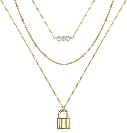 Turandoss Dainty Layered Choker Necklace, Handmade 14K Gold Plated Y Pendant Necklace Multilayer Bar Disc Necklace Adjustable Layering Choker Necklaces for Women 3PCS - Pearls&Beads Chain&Lock