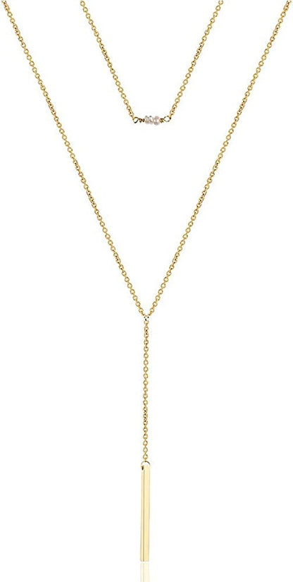 Turandoss Dainty Layered Choker Necklace, Handmade 14K Gold Plated Y Pendant Necklace Multilayer Bar Disc Necklace Adjustable Layering Choker Necklaces for Women 2PCS - Pearls&Bar
