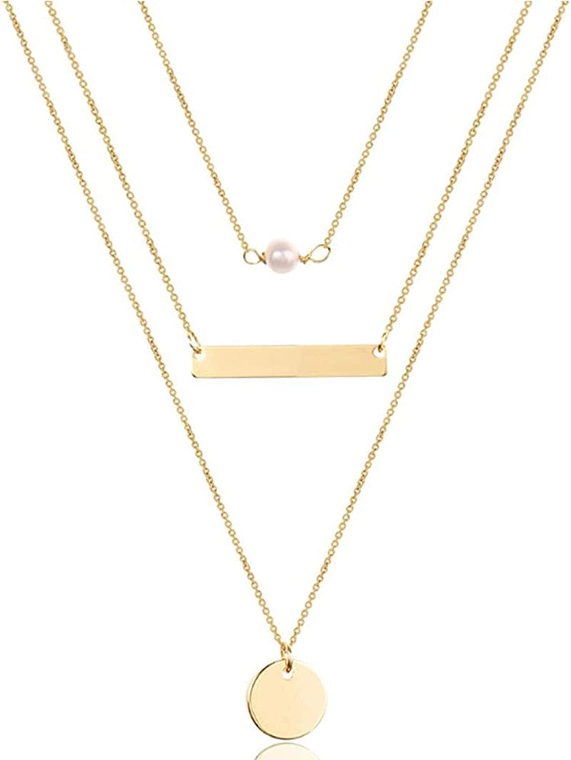 Turandoss Dainty Layered Choker Necklace, Handmade 14K Gold Plated Y Pendant Necklace Multilayer Bar Disc Necklace Adjustable Layering Choker Necklaces for Women 3PCS - Pearl&Bar&Disc