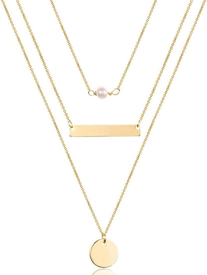 Turandoss Dainty Layered Choker Necklace, Handmade 14K Gold Plated Y Pendant Necklace Multilayer Bar Disc Necklace Adjustable Layering Choker Necklaces for Women 3PCS - Pearl&Bar&Disc