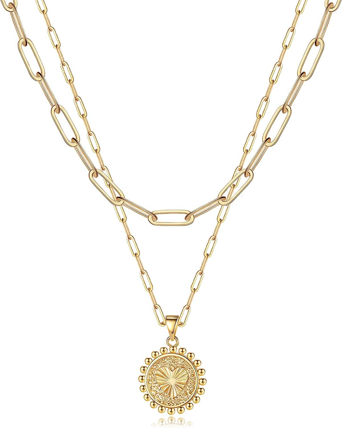 Turandoss Dainty Layered Choker Necklace, Handmade 14K Gold Plated Y Pendant Necklace Multilayer Bar Disc Necklace Adjustable Layering Choker Necklaces for Women 2PCS - B - Papercilp Chain&Coin