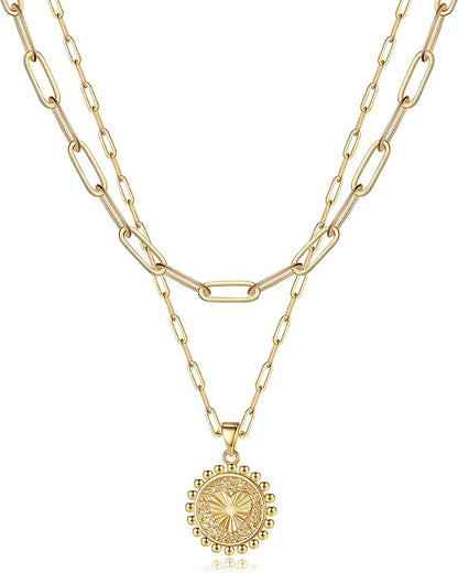 Turandoss Dainty Layered Choker Necklace, Handmade 14K Gold Plated Y Pendant Necklace Multilayer Bar Disc Necklace Adjustable Layering Choker Necklaces for Women 2PCS - B - Papercilp Chain&Coin