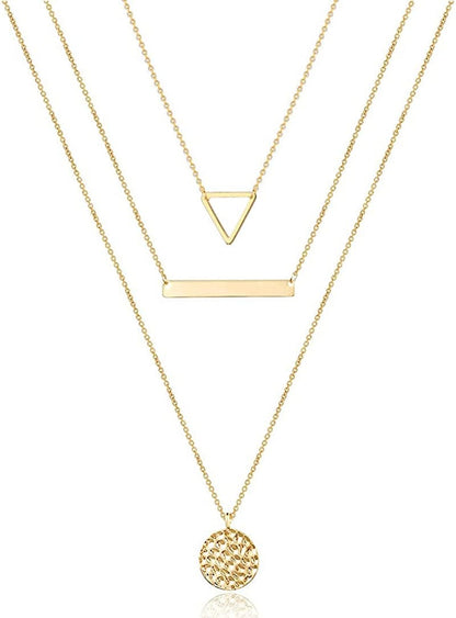 Turandoss Dainty Layered Choker Necklace, Handmade 14K Gold Plated Y Pendant Necklace Multilayer Bar Disc Necklace Adjustable Layering Choker Necklaces for Women 3PCS - Triangle&Bar&Hammered Disc