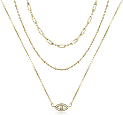Turandoss Dainty Layered Choker Necklace, Handmade 14K Gold Plated Y Pendant Necklace Multilayer Bar Disc Necklace Adjustable Layering Choker Necklaces for Women 3PCS - Link Chain&Beads Chain&CZ Evil Eye