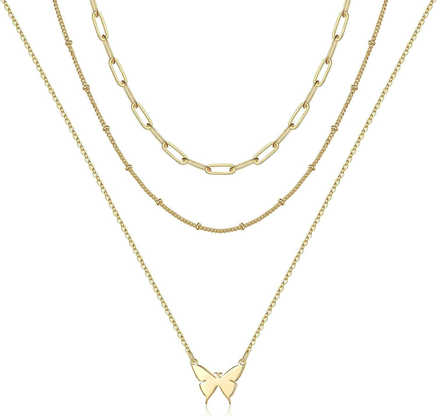 Turandoss Dainty Layered Choker Necklace, Handmade 14K Gold Plated Y Pendant Necklace Multilayer Bar Disc Necklace Adjustable Layering Choker Necklaces for Women 3PCS - Link Chain&Beads Chain&Butterfly