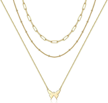 Turandoss Dainty Layered Choker Necklace, Handmade 14K Gold Plated Y Pendant Necklace Multilayer Bar Disc Necklace Adjustable Layering Choker Necklaces for Women 3PCS - Link Chain&Beads Chain&Butterfly