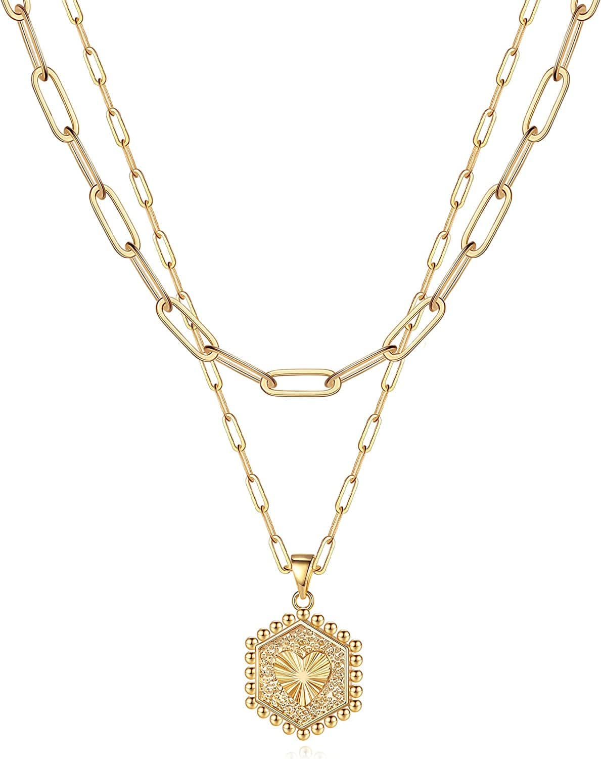 Turandoss Dainty Layered Choker Necklace, Handmade 14K Gold Plated Y Pendant Necklace Multilayer Bar Disc Necklace Adjustable Layering Choker Necklaces for Women 2PCS - A - Papercilp Chain&Hexagon