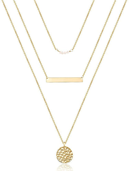 Turandoss Dainty Layered Choker Necklace, Handmade 14K Gold Plated Y Pendant Necklace Multilayer Bar Disc Necklace Adjustable Layering Choker Necklaces for Women "3PCS - Pearls&Bar&Hammered Disc
