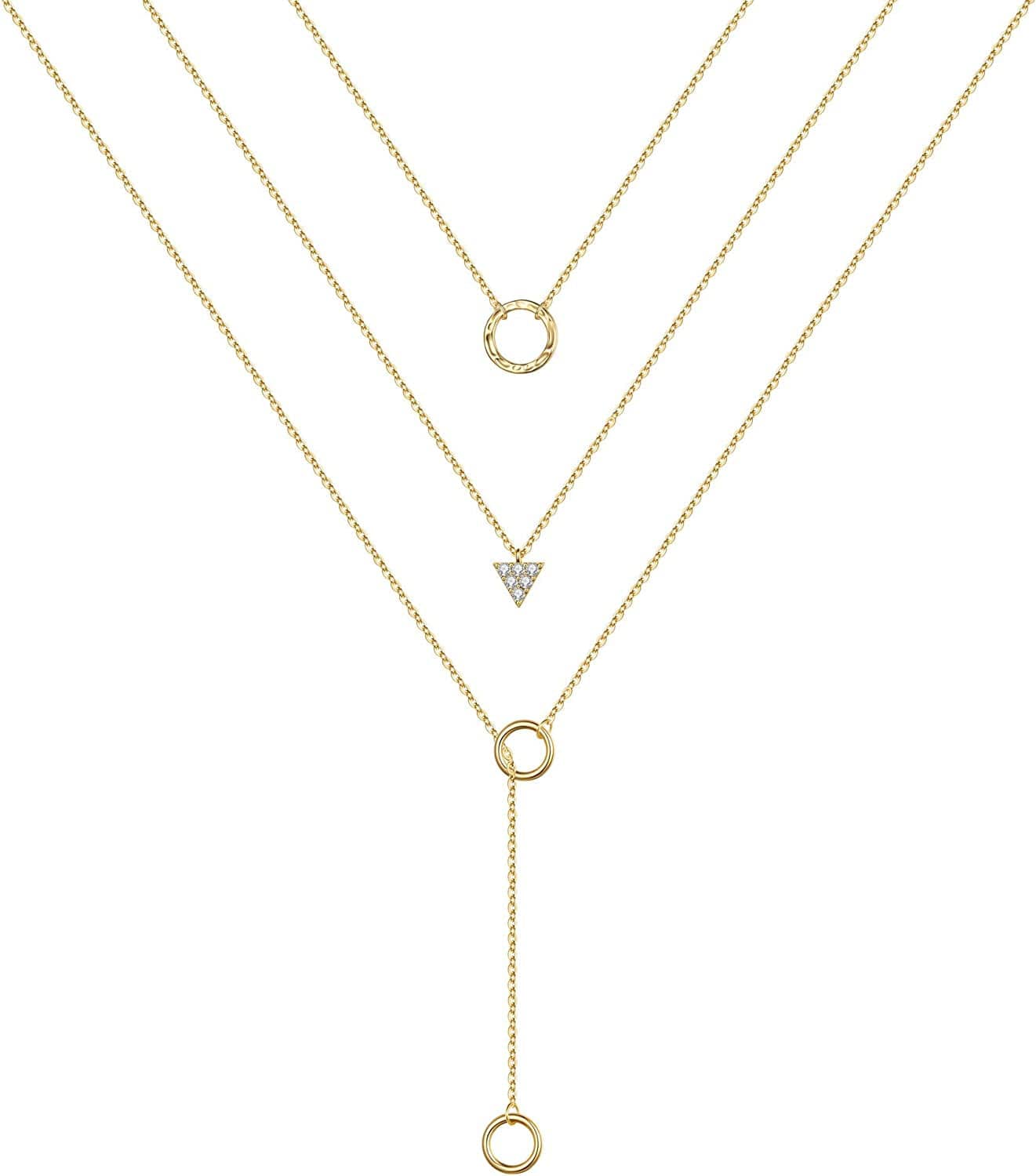 Turandoss Gold Layered Necklaces for Women - 14K Gold Plated Handmade Multilayer Bar Pearls Coin Disc Moon Butterfly Medallion Adjustable Dainty Layered Choker Necklaces for Women Jewelry 3PCS - Circle&CZ Triangle&Circle Lariat