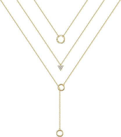 Turandoss Gold Layered Necklaces for Women - 14K Gold Plated Handmade Multilayer Bar Pearls Coin Disc Moon Butterfly Medallion Adjustable Dainty Layered Choker Necklaces for Women Jewelry 3PCS - Circle&CZ Triangle&Circle Lariat