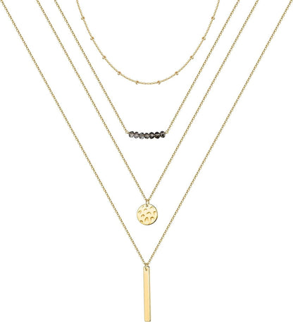 Turandoss Gold Layered Necklaces for Women - 14K Gold Plated Handmade Multilayer Bar Pearls Coin Disc Moon Butterfly Medallion Adjustable Dainty Layered Choker Necklaces for Women Jewelry 4PCS - Chain&Beads&Bar&Hammered Disc&Bar