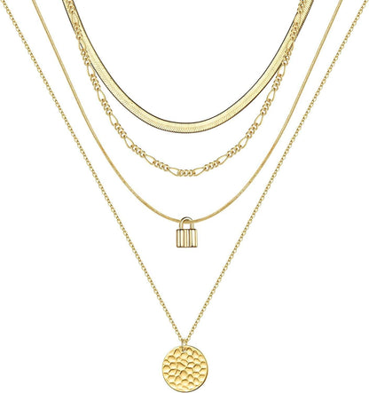 Turandoss Gold Layered Necklaces for Women - 14K Gold Plated Handmade Multilayer Bar Pearls Coin Disc Moon Butterfly Medallion Adjustable Dainty Layered Choker Necklaces for Women Jewelry 4 Layered Necklace - Sanke Chain&Chain&Lock&Hammered Disc