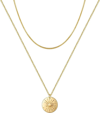 Turandoss Gold Layered Necklaces for Women - 14K Gold Plated Handmade Multilayer Bar Pearls Coin Disc Moon Butterfly Medallion Adjustable Dainty Layered Choker Necklaces for Women Jewelry 2PCS - Chain&Sunbeam