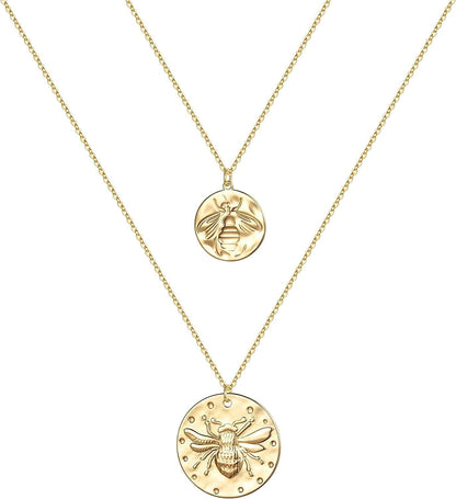 Turandoss Gold Layered Necklaces for Women - 14K Gold Plated Handmade Multilayer Bar Pearls Coin Disc Moon Butterfly Medallion Adjustable Dainty Layered Choker Necklaces for Women Jewelry 2PCS - Small Bee&Big Bee