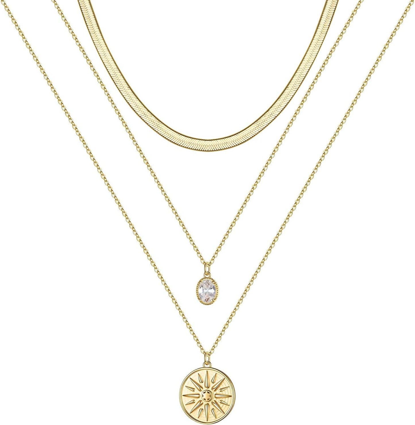 Turandoss Gold Layered Necklaces for Women - 14K Gold Plated Handmade Multilayer Bar Pearls Coin Disc Moon Butterfly Medallion Adjustable Dainty Layered Choker Necklaces for Women Jewelry 3 Layered Necklace - Snake Chain&CZ&Medallion