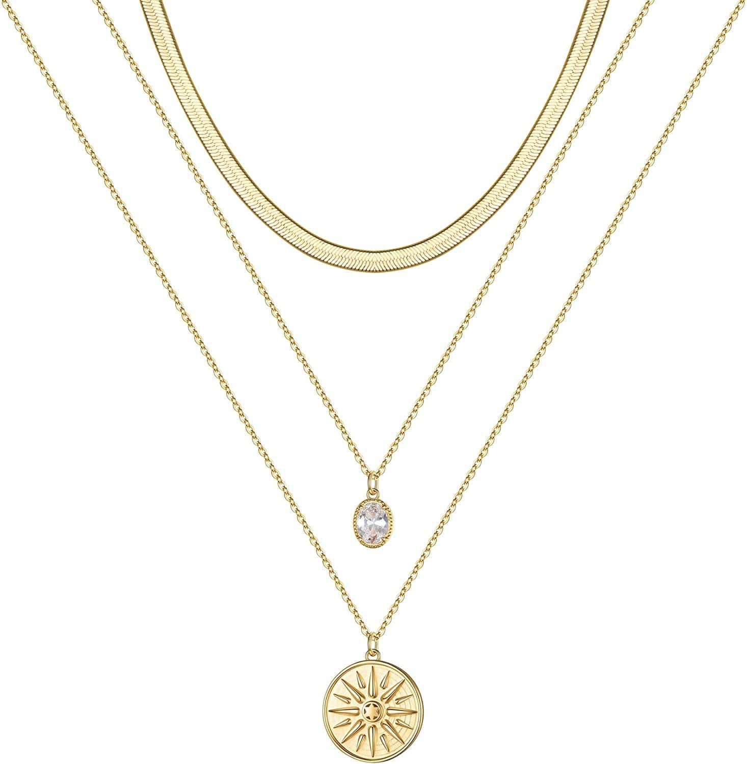 Turandoss Gold Layered Necklaces for Women - 14K Gold Plated Handmade Multilayer Bar Pearls Coin Disc Moon Butterfly Medallion Adjustable Dainty Layered Choker Necklaces for Women Jewelry 3 Layered Necklace - Snake Chain&CZ&Medallion