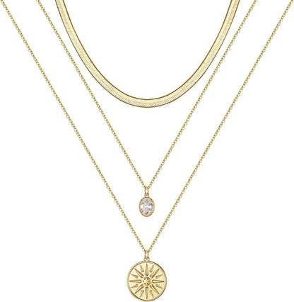 Turandoss Gold Layered Necklaces for Women - 14K Gold Plated Handmade Multilayer Bar Pearls Coin Disc Moon Butterfly Medallion Adjustable Dainty Layered Choker Necklaces for Women Jewelry 3 Layered Necklace - Snake Chain&CZ&Medallion