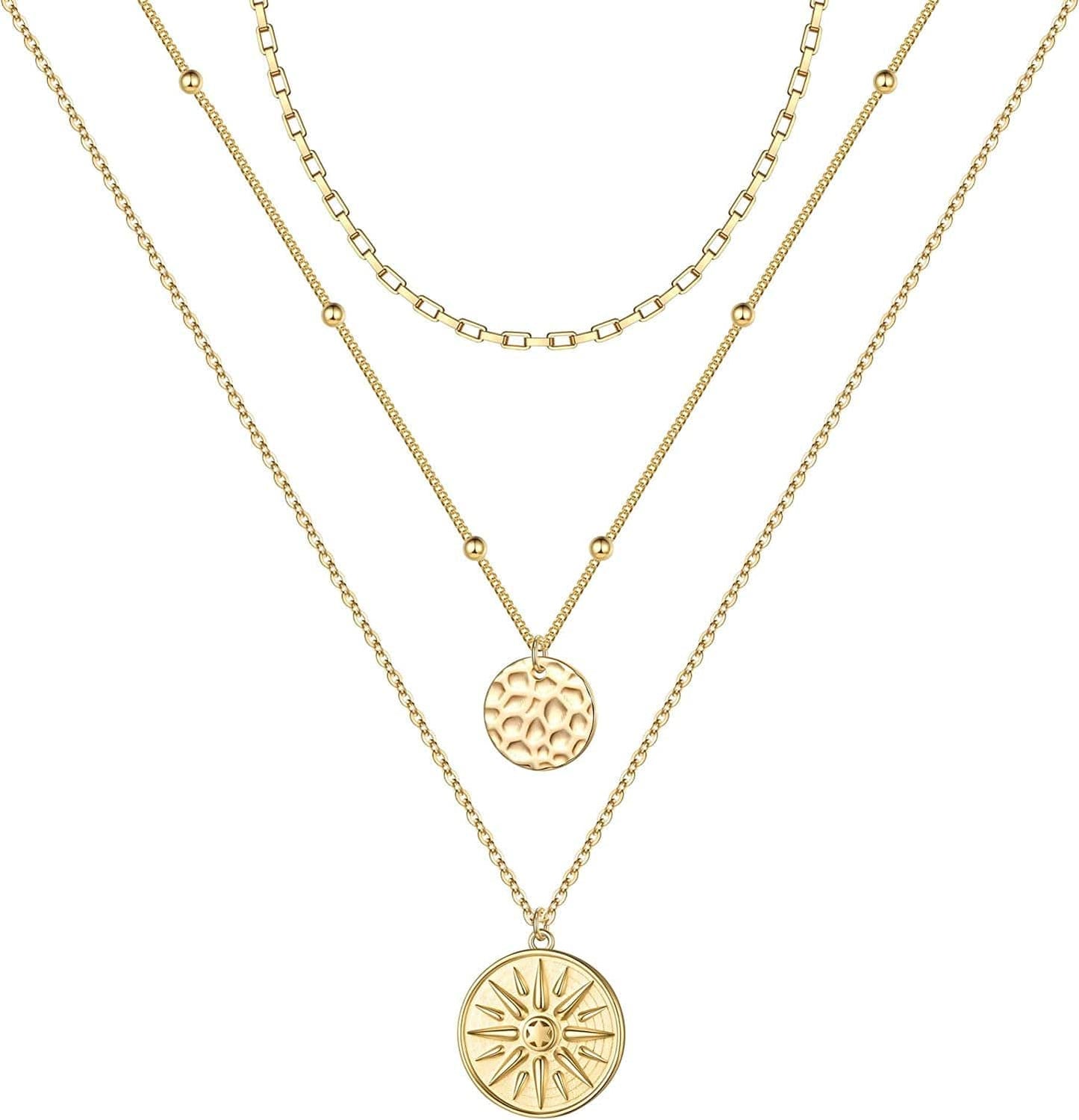 Turandoss Gold Layered Necklaces for Women - 14K Gold Plated Handmade Multilayer Bar Pearls Coin Disc Moon Butterfly Medallion Adjustable Dainty Layered Choker Necklaces for Women Jewelry 3PCS - Chain&Hammered Disc&Sun
