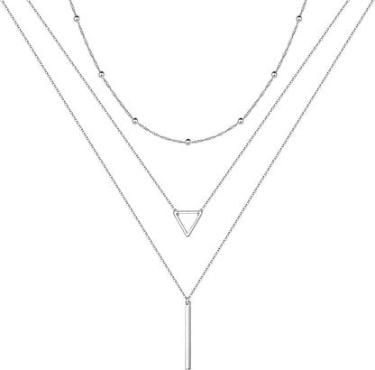 Turandoss Gold Layered Necklaces for Women - 14K Gold Plated Handmade Multilayer Bar Pearls Coin Disc Moon Butterfly Medallion Adjustable Dainty Layered Choker Necklaces for Women Jewelry 3PCS Silver - Chain&Triangle&Bar