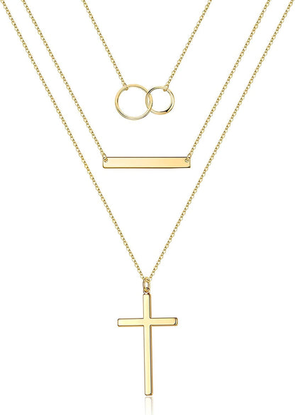 Turandoss Gold Layered Necklaces for Women - 14K Gold Plated Handmade Multilayer Bar Pearls Coin Disc Moon Butterfly Medallion Adjustable Dainty Layered Choker Necklaces for Women Jewelry 3PCS - Two Circle&Bar&Cross