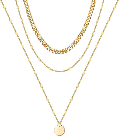 Turandoss Gold Layered Necklaces for Women - 14K Gold Plated Handmade Multilayer Bar Pearls Coin Disc Moon Butterfly Medallion Adjustable Dainty Layered Choker Necklaces for Women Jewelry 3 Layered Necklace - Thick&Chain&Disc