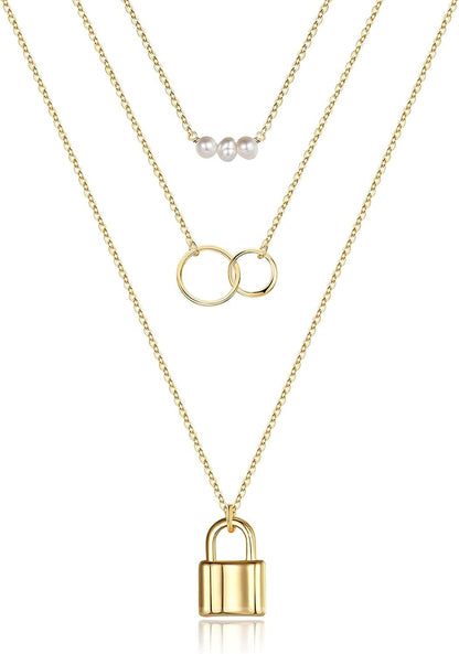 Turandoss Gold Layered Necklaces for Women - 14K Gold Plated Handmade Multilayer Bar Pearls Coin Disc Moon Butterfly Medallion Adjustable Dainty Layered Choker Necklaces for Women Jewelry 3PCS - Pearls&Two Circle&Lock