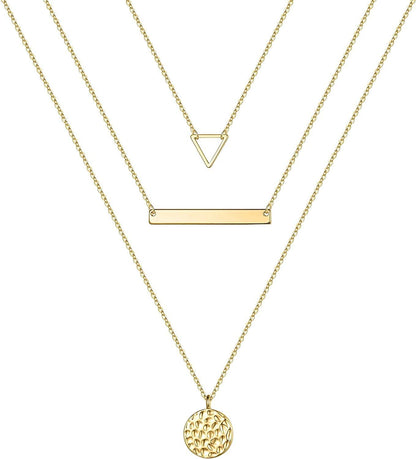 Turandoss Gold Layered Necklaces for Women - 14K Gold Plated Handmade Multilayer Bar Pearls Coin Disc Moon Butterfly Medallion Adjustable Dainty Layered Choker Necklaces for Women Jewelry 4PCS - Triangle&Bar&Hammered Disc&Bar